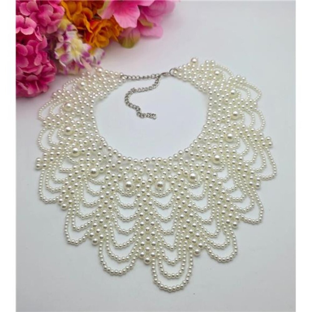White Faux Pearl Bib Necklace 18 inch Adj. w/ 3.75" Waterfall Bead Drop